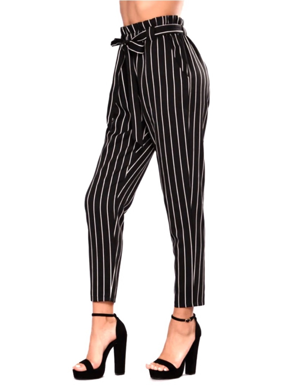 Joe B by Joe Benbasset Black White Pinstripe Paperbag Stretchy Pants with Belt